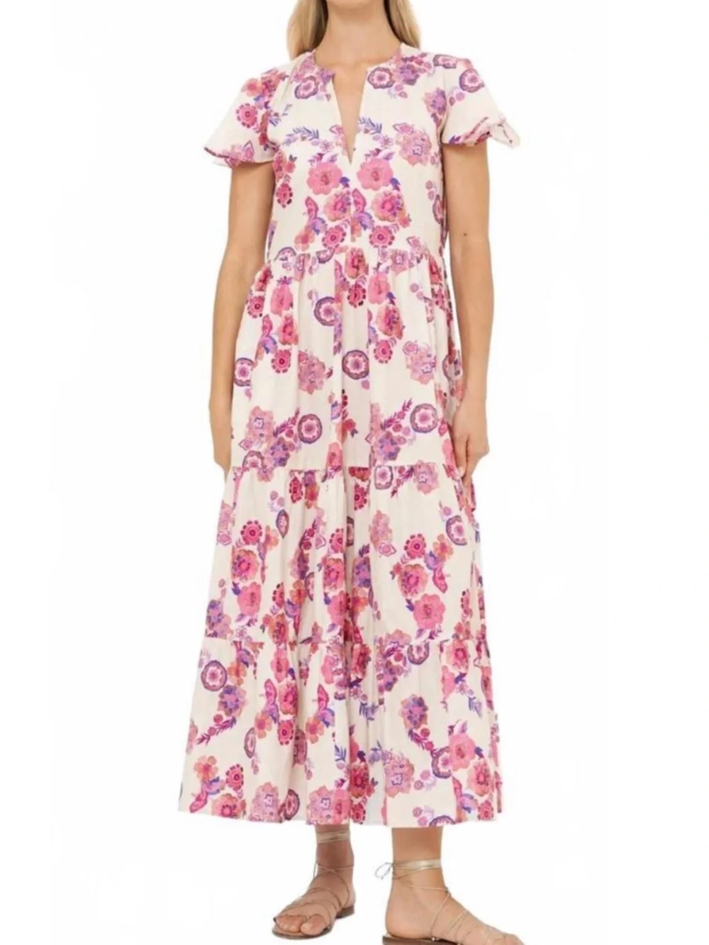 Oliphant Cream Maxi Dress with Pink & Purple Floral Print - Picture 3 of 5